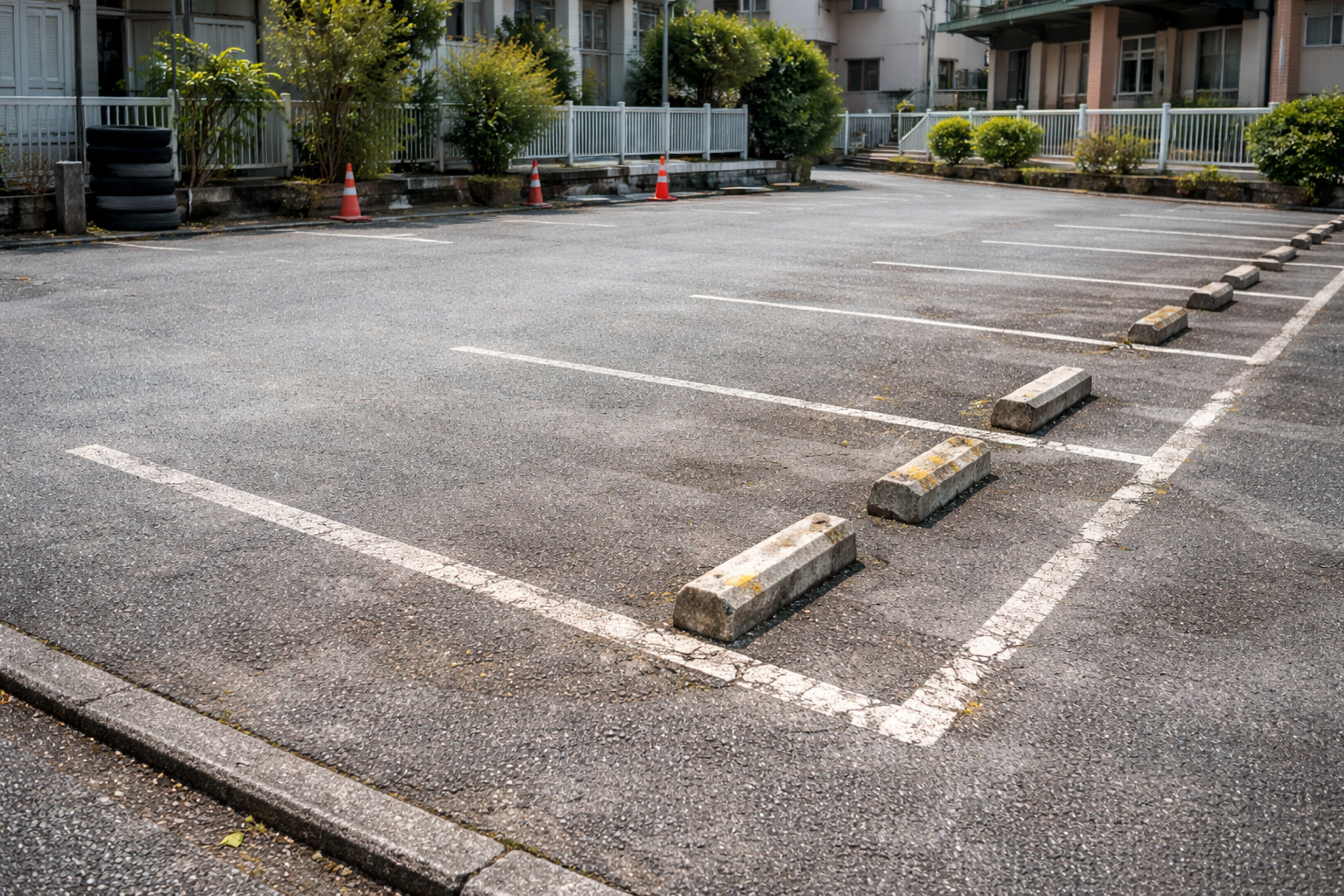 駐車場の白線・区画線が薄れて見えにくくなっている施工前の様子